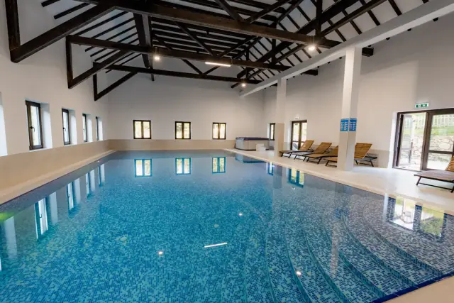 Piscină încălzită cu ferestre spre pădure